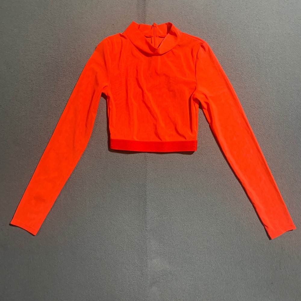 Jo+Jax Neon Orange‎ Mock Neck Long Sleeve Mesh Crop Top Dance Activewear Medium
